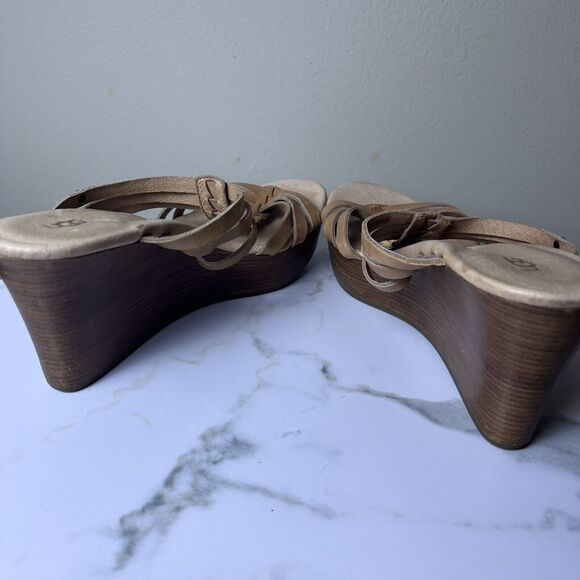 UGG Mattie Brown Leather Wedge Heel Wood Platform Slip On Sandals Size 8.5 - Picture 5 of 7